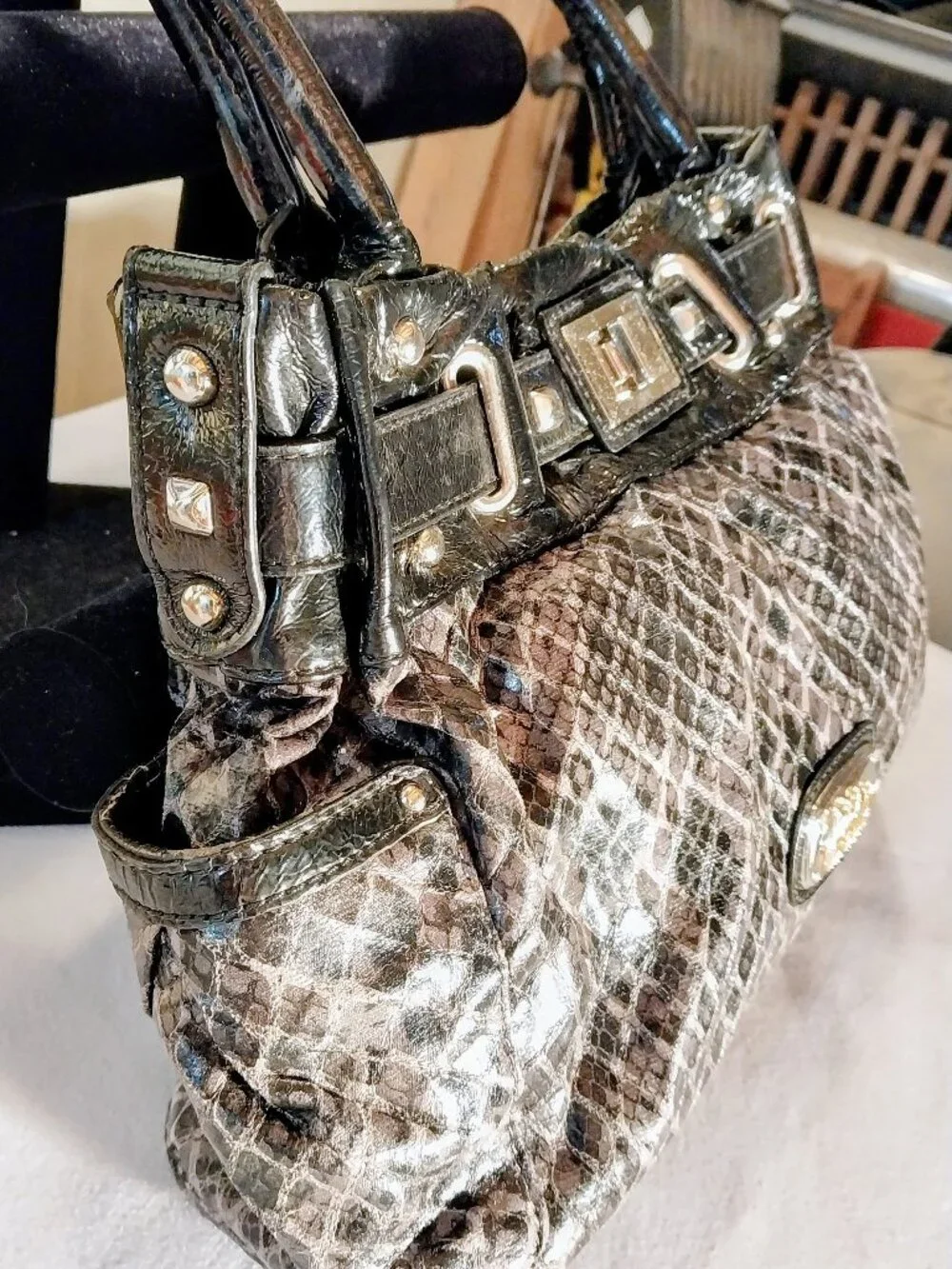 VTG Kathy Van Zeeland  Croc Leopard Snake Print Mixed Media Hobo Shoulder Bag